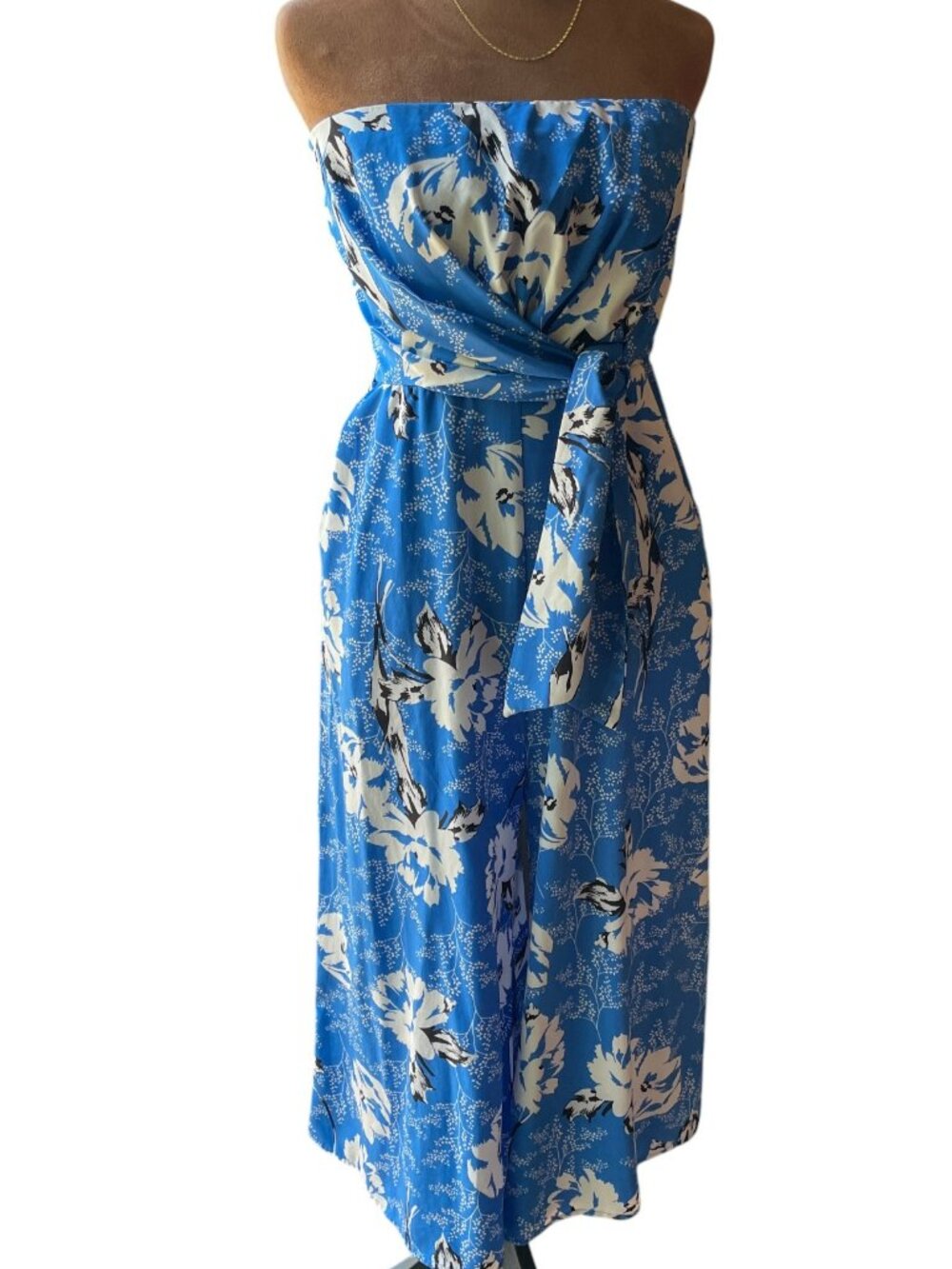 VICI Blue Floral Strapless Jumpsuit Wide Leg Romper Size M